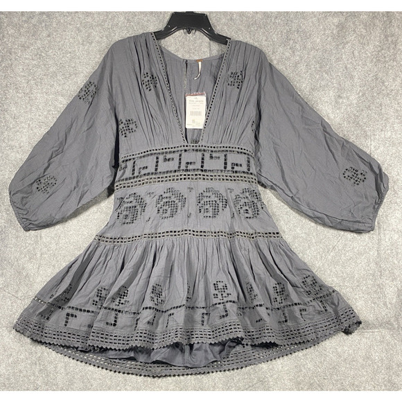 Free People Dress Womens Medium Grey Mini Deep V Neck Eyelet Cottagecore - Picture 1 of 15